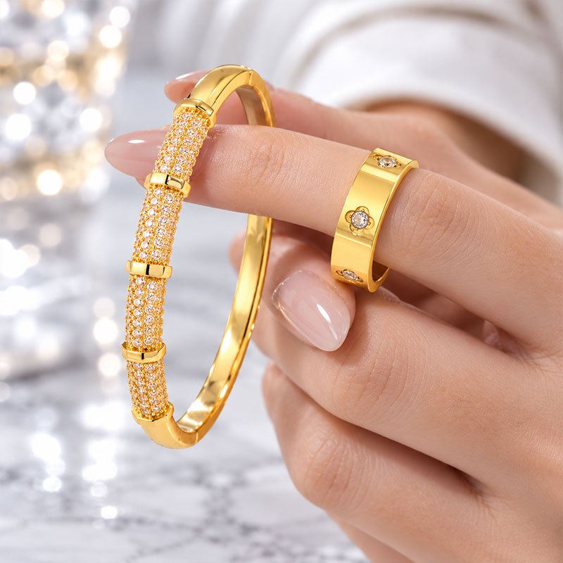 Women's 2pc Copper Bangle & Stainless Steel Ring Set with Zirconia